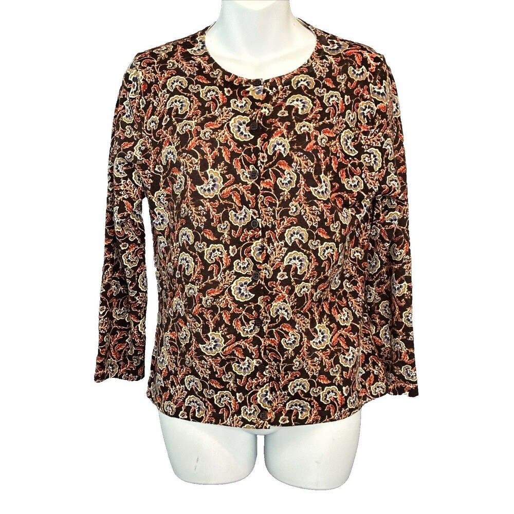 Garnet Hill Merino Wool Cardigan Sweater Small Brown Autumn Floral Luxury Preppy
